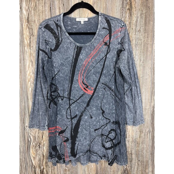 Jess & Jane Tunic Top Womens Medium Abstract Artistic Boho Artsy Gray 3/4 Sleeve - Picture 1 of 14